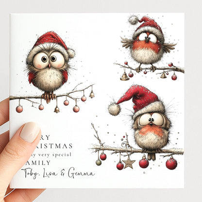 Personalised Family Christmas Card Funny Owl Xmas Card with 3 Names UK WhimsiLilley