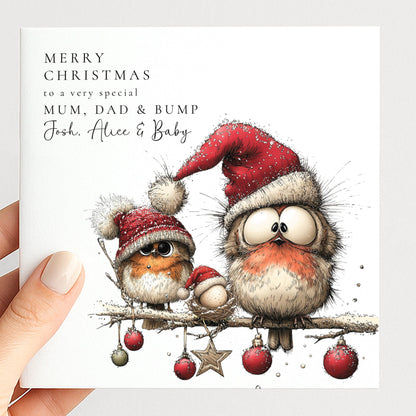 Personalised Mum Dad and Bump Christmas Card, Funny Robins in Santa Hats, Expecting Parents Xmas Card, Baby on the Way, Pregnancy Card WhimsiLilley