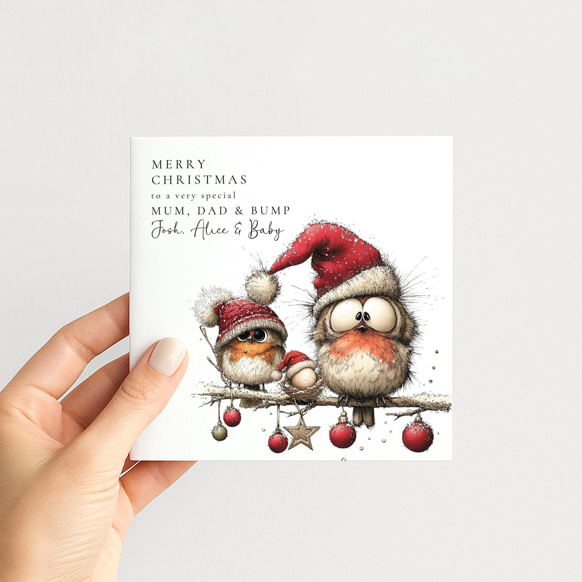 Personalised Mum Dad and Bump Christmas Card, Funny Robins in Santa Hats, Expecting Parents Xmas Card, Baby on the Way, Pregnancy Card WhimsiLilley