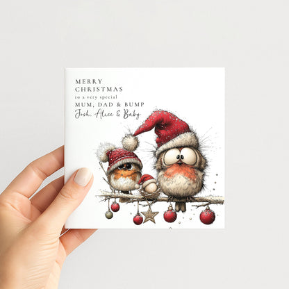Personalised Mum Dad and Bump Christmas Card, Funny Robins in Santa Hats, Expecting Parents Xmas Card, Baby on the Way, Pregnancy Card WhimsiLilley