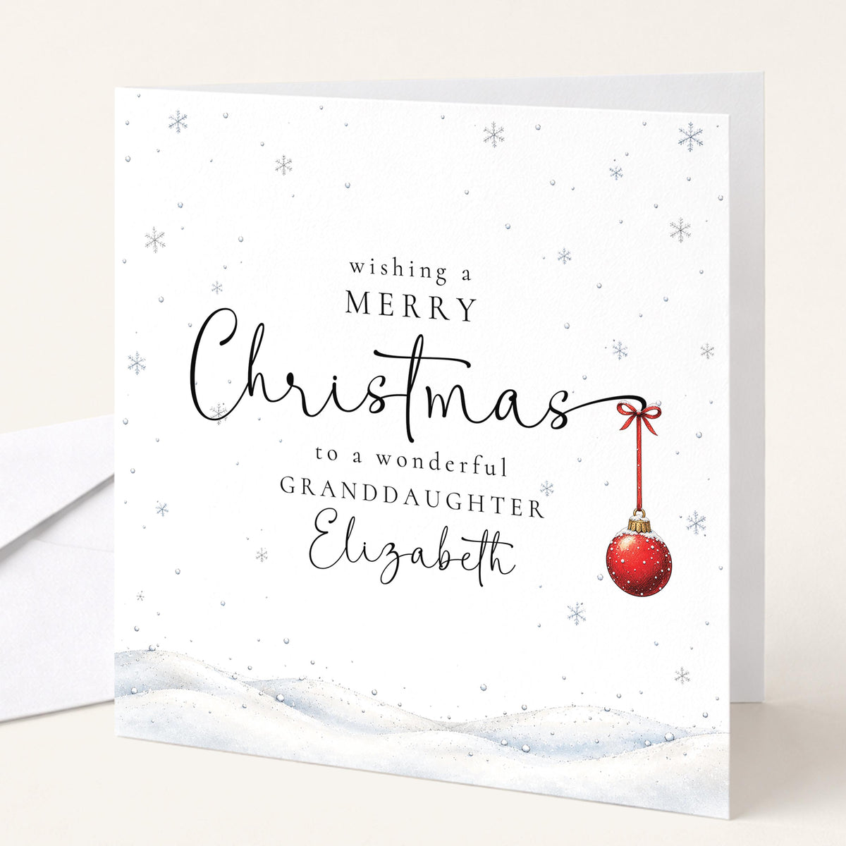 Personalised Granddaughter Christmas Card, Elegant Snowy Red Bauble Xmas Card With Name, Wonderful Granddaughter, Keepsake Christmas Card WhimsiLilley