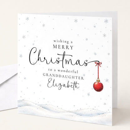 Personalised Granddaughter Christmas Card, Elegant Snowy Red Bauble Xmas Card With Name, Wonderful Granddaughter, Keepsake Christmas Card WhimsiLilley