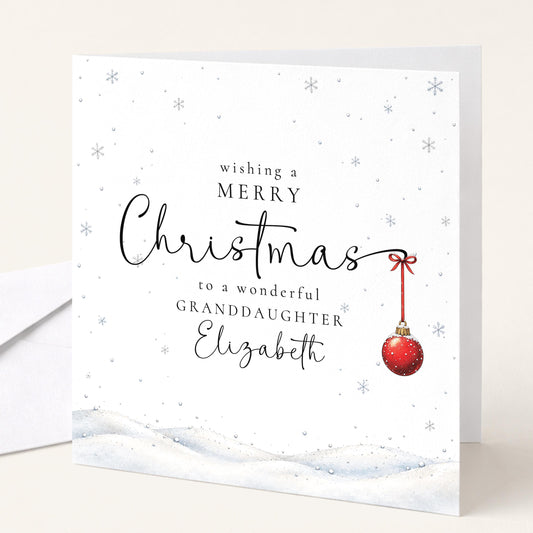 Personalised Granddaughter Christmas Card, Elegant Snowy Red Bauble Xmas Card With Name, Wonderful Granddaughter, Keepsake Christmas Card WhimsiLilley