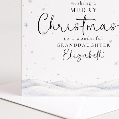 Personalised Granddaughter Christmas Card, Elegant Snowy Red Bauble Xmas Card With Name, Wonderful Granddaughter, Keepsake Christmas Card WhimsiLilley