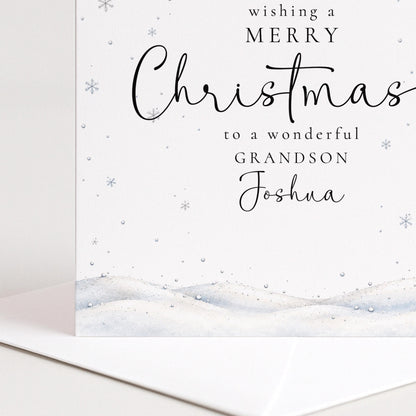 Personalised Grandson Christmas Card, Elegant Snowy Red Bauble Xmas Card With Name, Wonderful Grandson, Keepsake Christmas Card WhimsiLilley