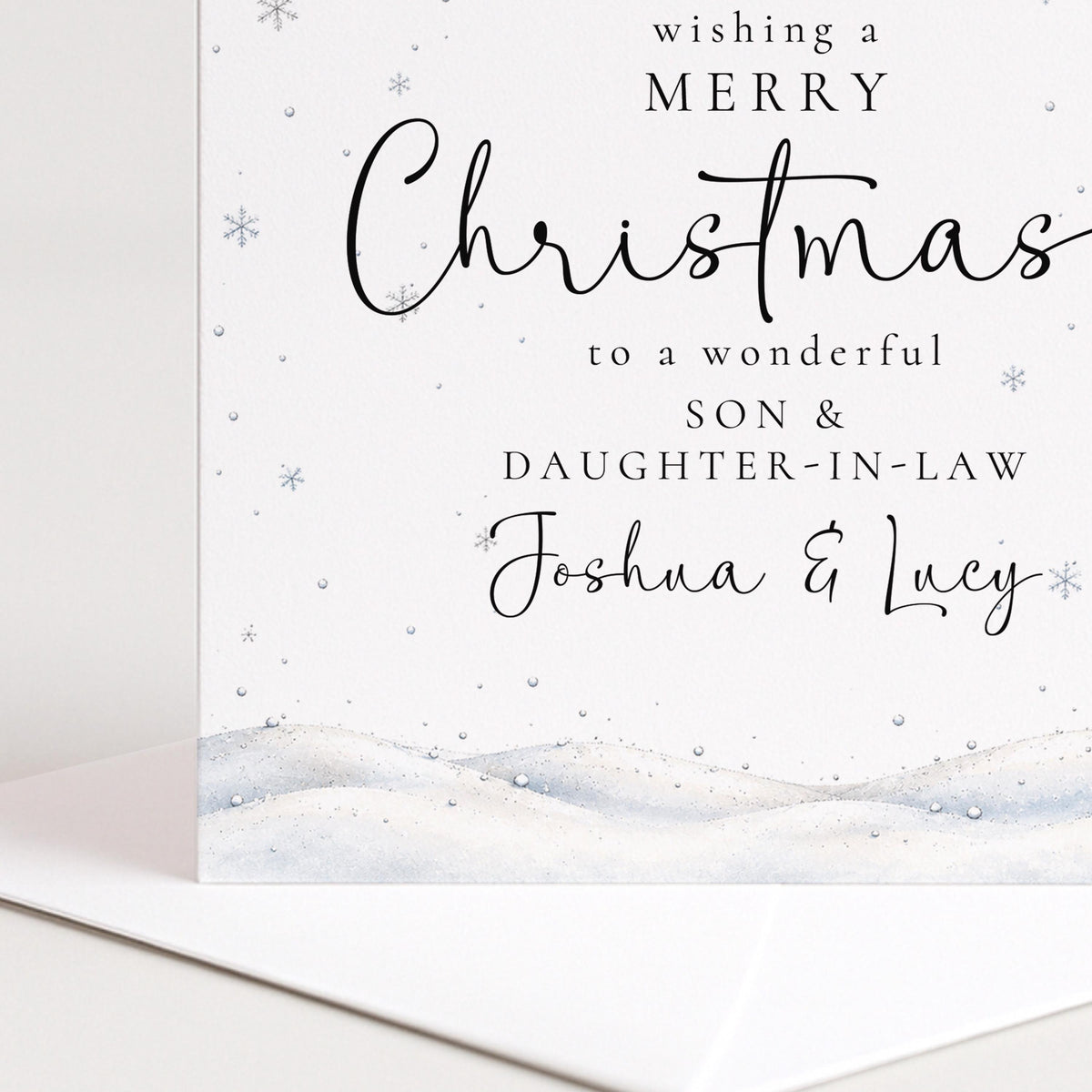 Personalised Son & Daughter-in-Law Christmas Card, Elegant Snowy Red Bauble Xmas Card With Names, Keepsake Xmas Card WhimsiLilley