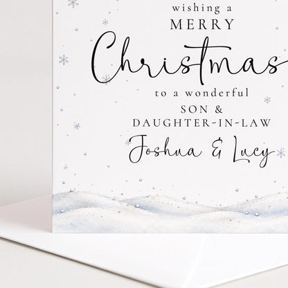 Personalised Son & Daughter-in-Law Christmas Card, Elegant Snowy Red Bauble Xmas Card With Names, Keepsake Xmas Card WhimsiLilley
