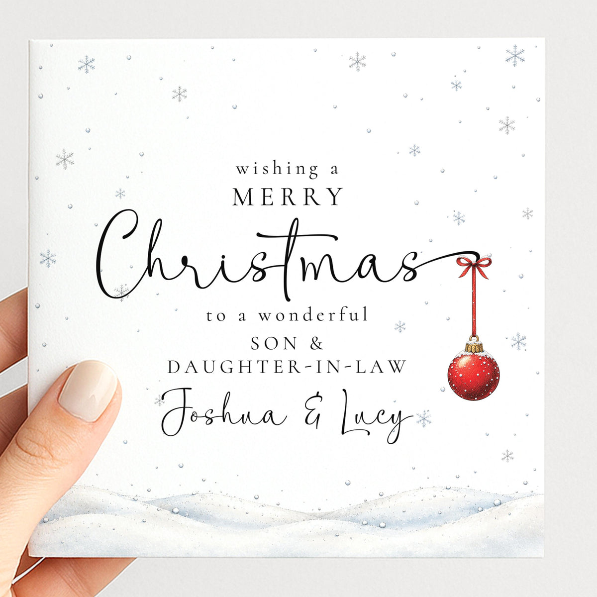 Personalised Son & Daughter-in-Law Christmas Card, Elegant Snowy Red Bauble Xmas Card With Names, Keepsake Xmas Card WhimsiLilley