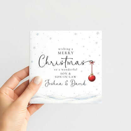 Personalised Son & Son-in-Law Christmas Card, Elegant Snowy Red Bauble Xmas Card With Names, Keepsake Xmas Card WhimsiLilley