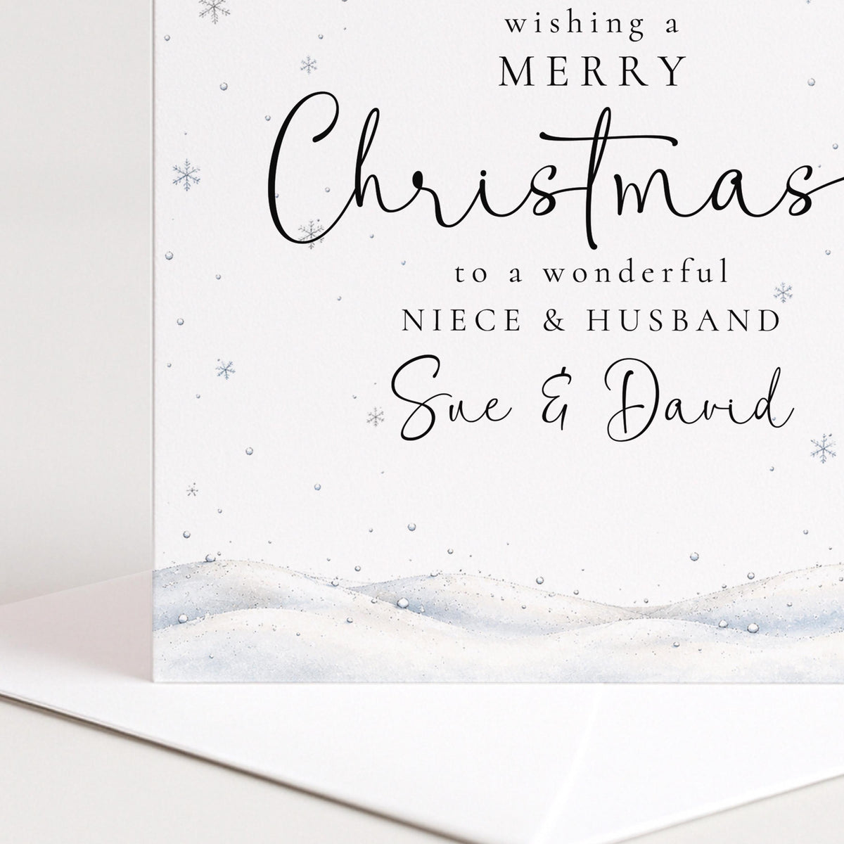 Personalised Niece & Husband Christmas Card, Elegant Snowy Red Bauble Xmas Card With Names, Keepsake Xmas Card WhimsiLilley