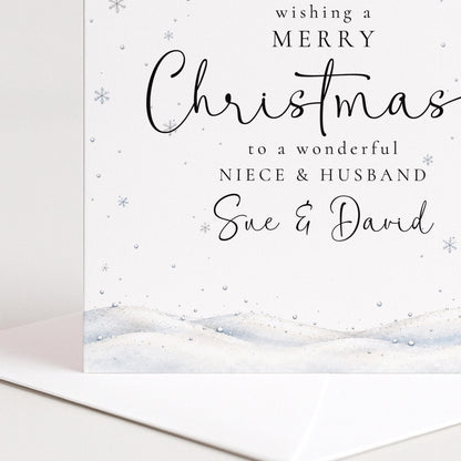 Personalised Niece & Husband Christmas Card, Elegant Snowy Red Bauble Xmas Card With Names, Keepsake Xmas Card WhimsiLilley