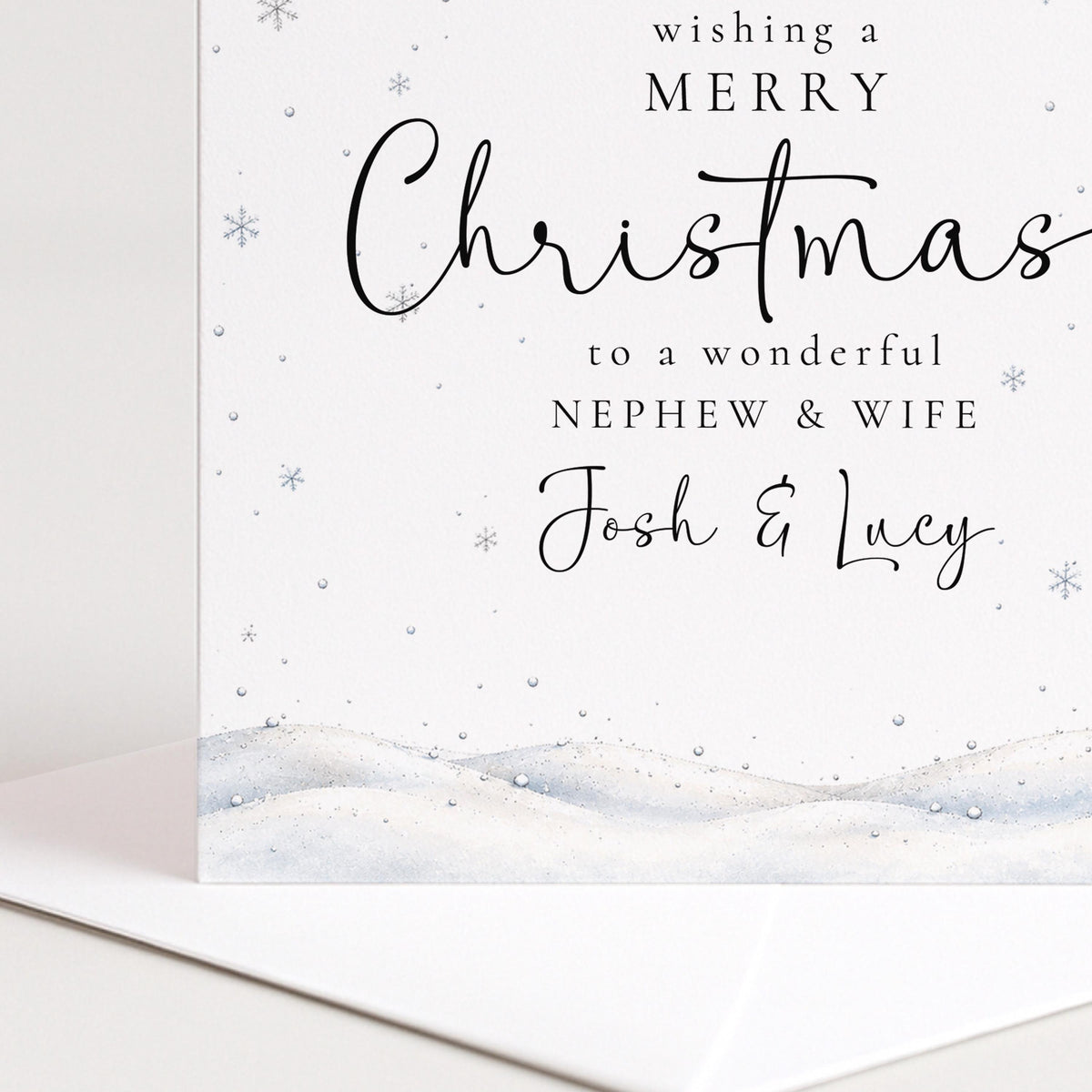 Personalised Nephew and Wife Christmas Card, Elegant Snowy Red Bauble Xmas Card With Names, Wonderful Nephew & Wife, Keepsake Christmas Card WhimsiLilley
