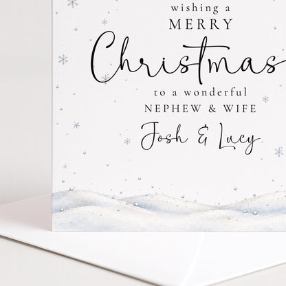 Personalised Nephew and Wife Christmas Card, Elegant Snowy Red Bauble Xmas Card With Names, Wonderful Nephew & Wife, Keepsake Christmas Card WhimsiLilley