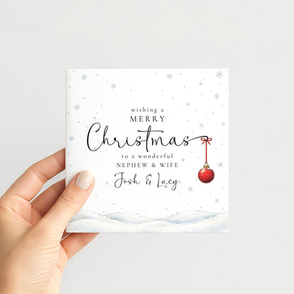 Personalised Nephew and Wife Christmas Card, Elegant Snowy Red Bauble Xmas Card With Names, Wonderful Nephew & Wife, Keepsake Christmas Card WhimsiLilley