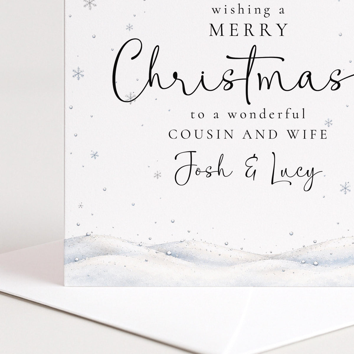 Personalised Cousin and Wife Christmas Card, Elegant Snowy Red Bauble Xmas Card With Names, Keepsake Xmas Card WhimsiLilley
