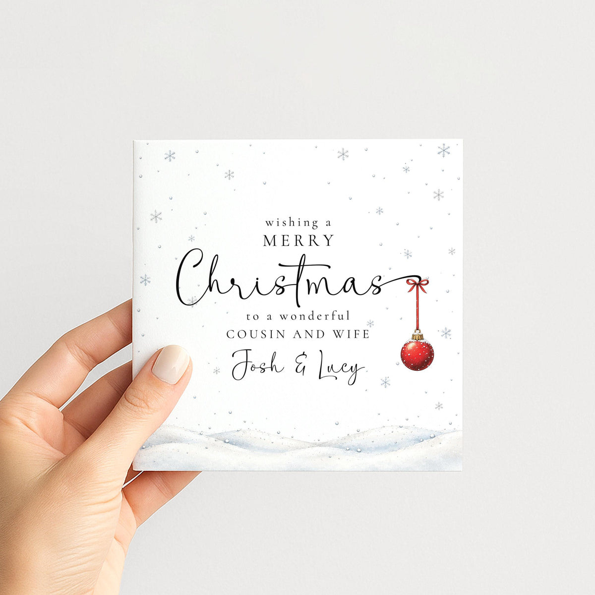 Personalised Cousin and Wife Christmas Card, Elegant Snowy Red Bauble Xmas Card With Names, Keepsake Xmas Card WhimsiLilley