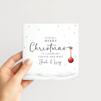 Personalised Cousin and Wife Christmas Card, Elegant Snowy Red Bauble Xmas Card With Names, Keepsake Xmas Card WhimsiLilley