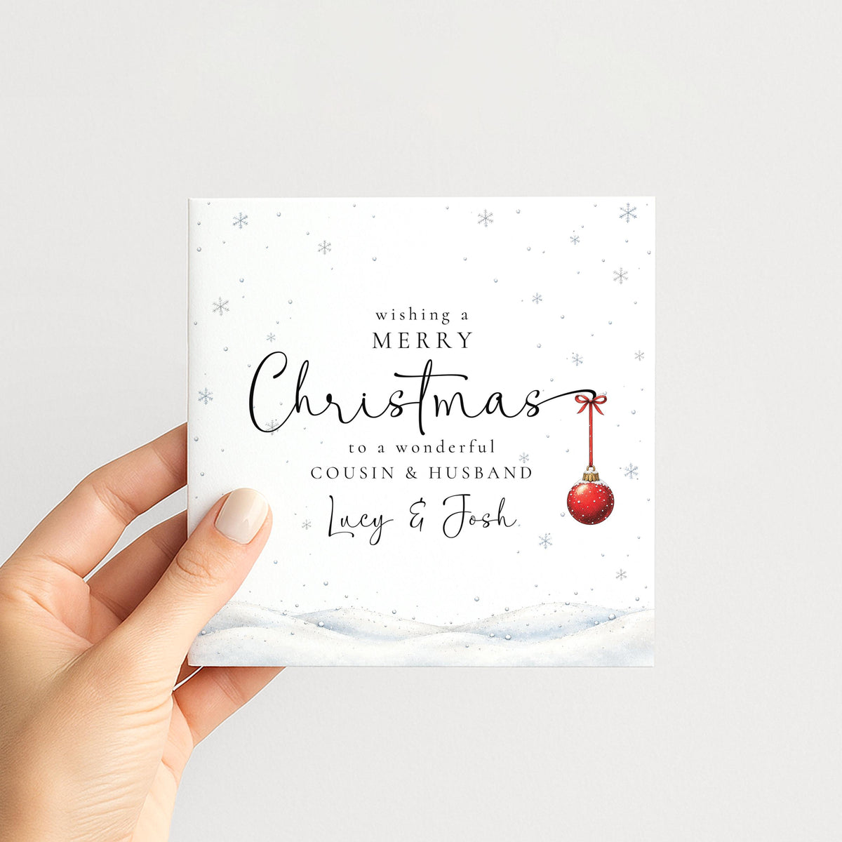 Personalised Cousin & Husband Christmas Card, Elegant Snowy Red Bauble Xmas Card With Names, Keepsake Xmas Card WhimsiLilley