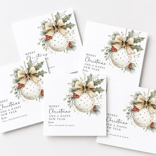 Personalised Family Christmas Card Multipack, Beige Bow Bauble Design, Pack of 5 10 15 20 25 30 Cards, Custom Names