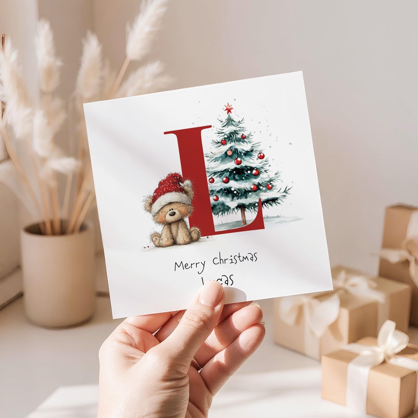 Letter L Christmas Card - Personalised Kids Holiday Name Card With Bear & Tree - Whimsi Lilley