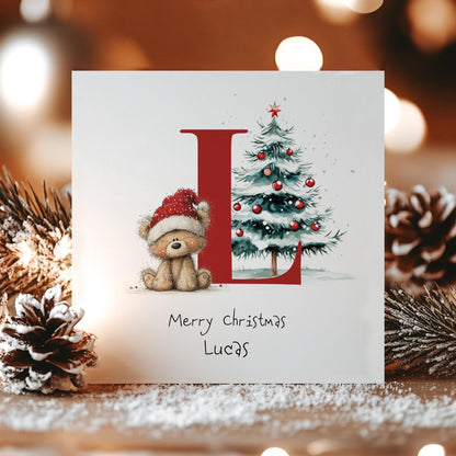 Letter L Christmas Card - Personalised Kids Holiday Name Card With Bear & Tree - Whimsi Lilley