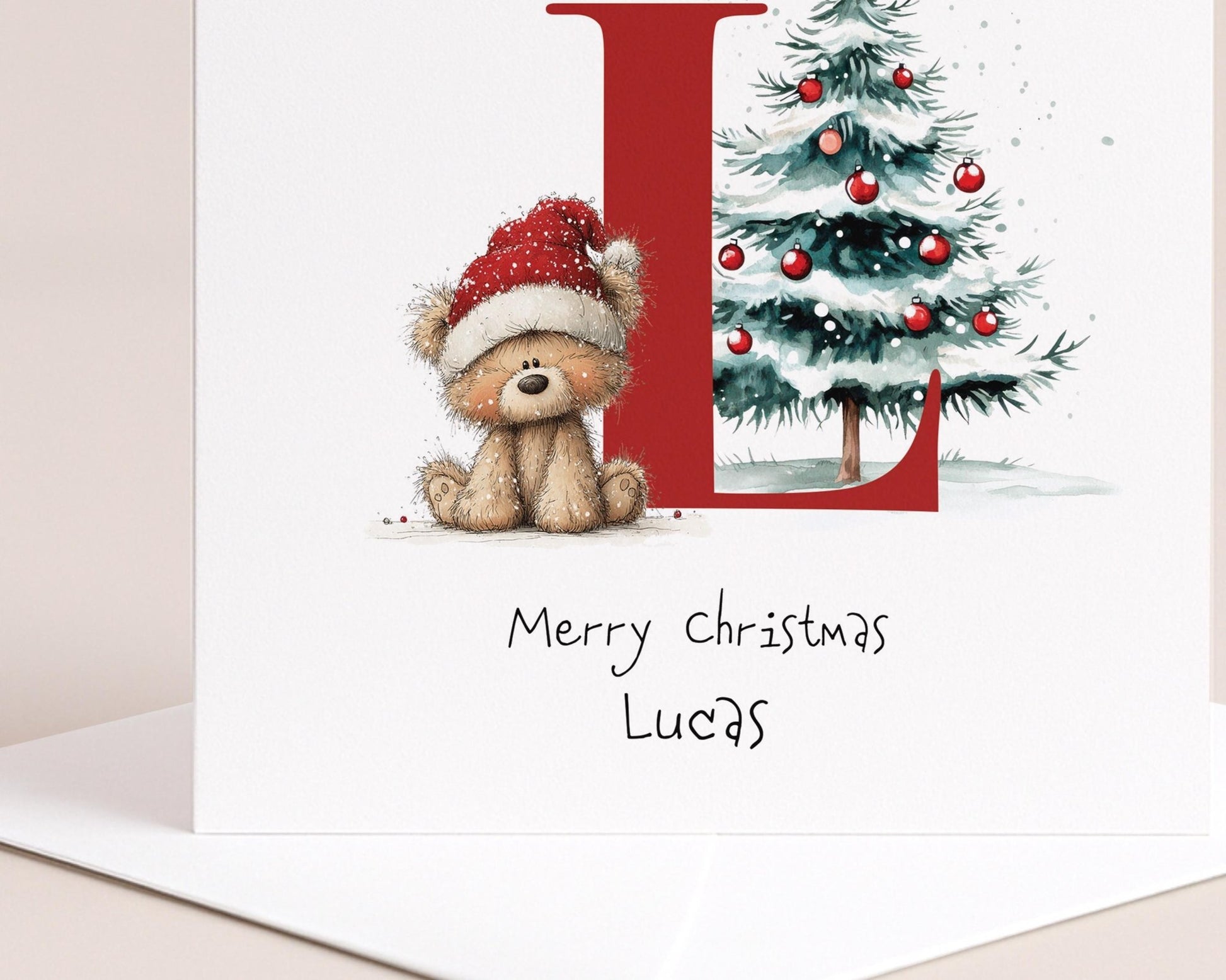 Letter L Christmas Card - Personalised Kids Holiday Name Card With Bear & Tree - Whimsi Lilley