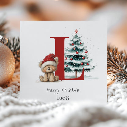 Letter L Christmas Card - Personalised Kids Holiday Name Card With Bear & Tree - Whimsi Lilley