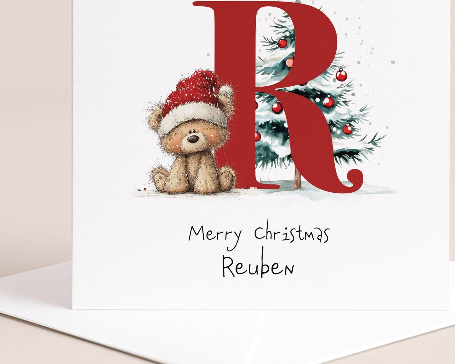 Letter R Christmas Card – Personalised Kids Xmas Card With Festive Bear & Matte Finish - Whimsi Lilley