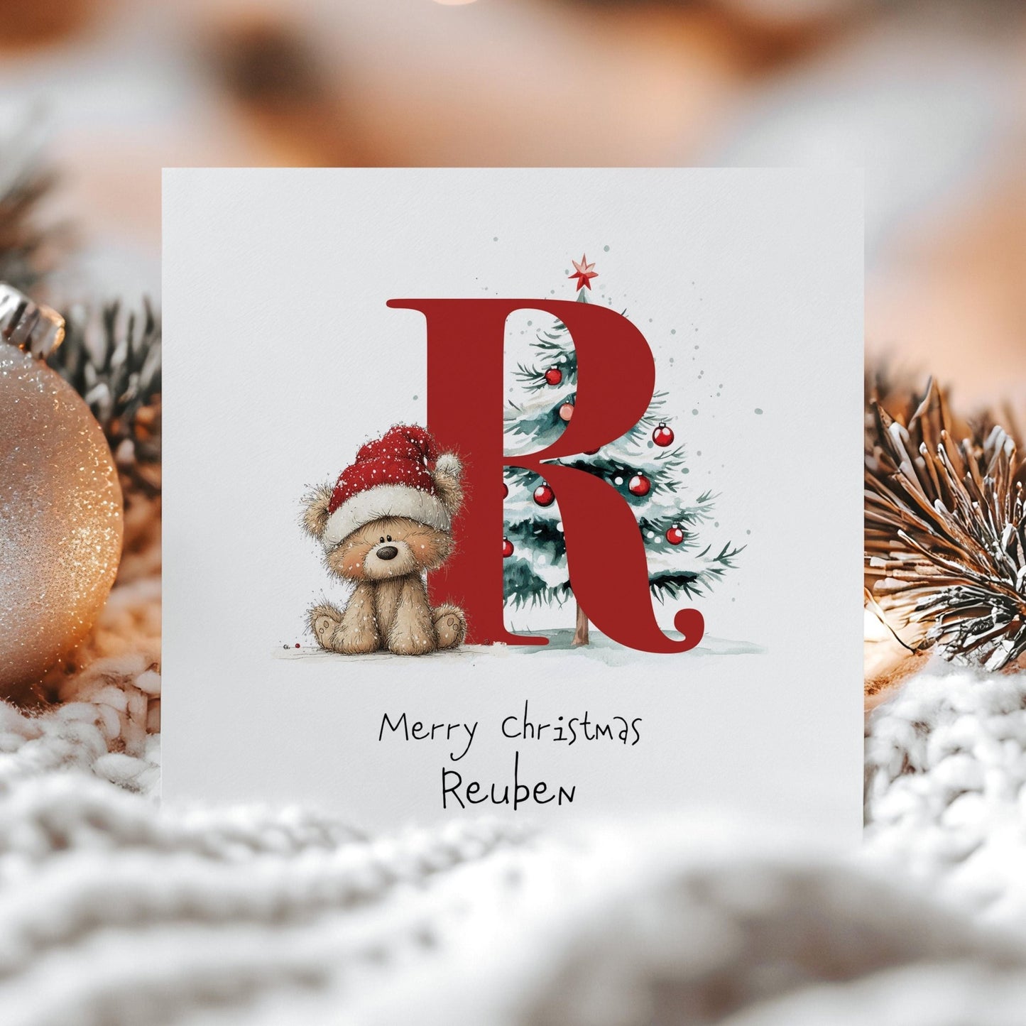 Letter R Christmas Card – Personalised Kids Xmas Card With Festive Bear & Matte Finish - Whimsi Lilley