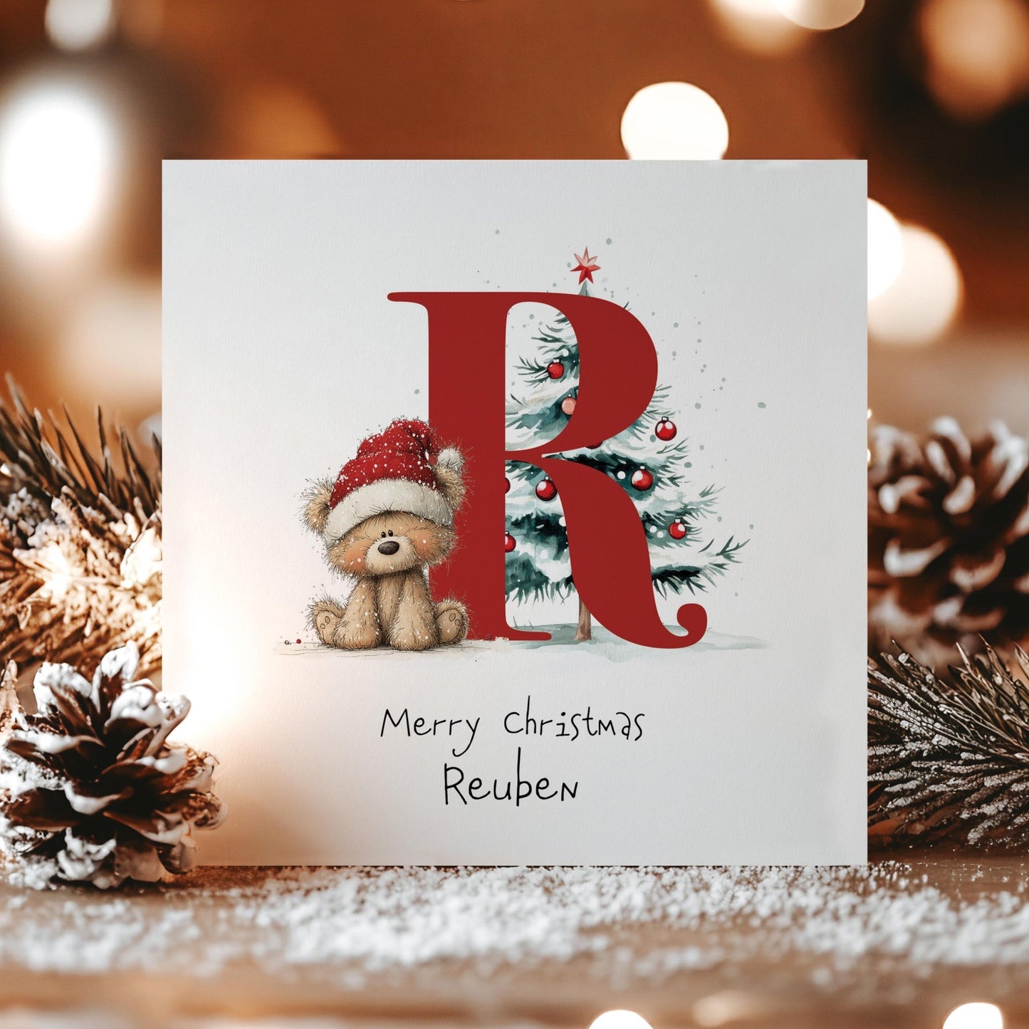 Letter R Christmas Card – Personalised Kids Xmas Card With Festive Bear & Matte Finish - Whimsi Lilley