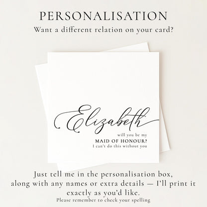 Whimsi Lilley Maid of Honour Proposal Card with "Will You Be..." text and floral design for wedding proposal or special occasion.