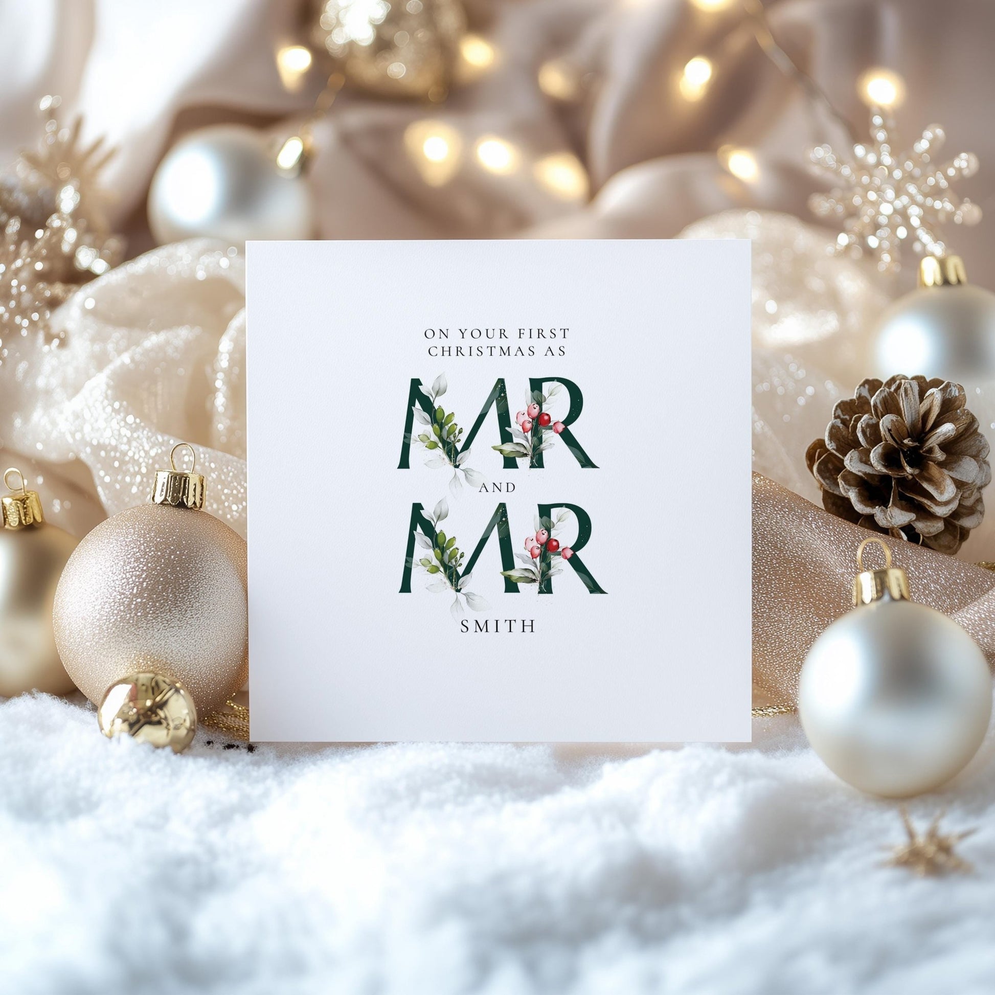 Mr And Mr Christmas Card – First Christmas Card With Festive Holly Design - Whimsi Lilley