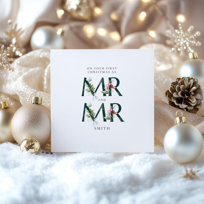 Mr And Mr Christmas Card – First Christmas Card With Festive Holly Design - Whimsi Lilley
