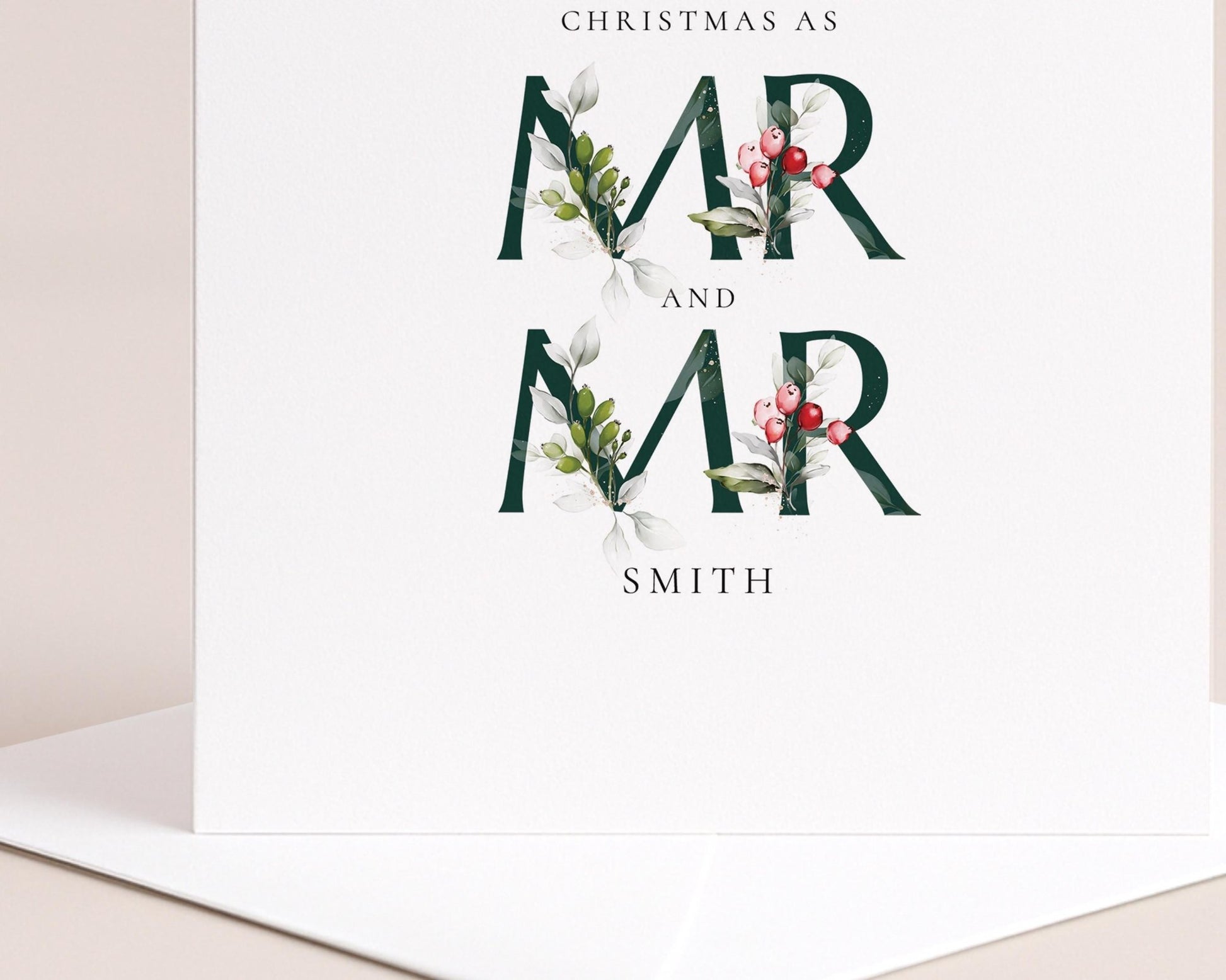 Mr And Mr Christmas Card – First Christmas Card With Festive Holly Design - Whimsi Lilley