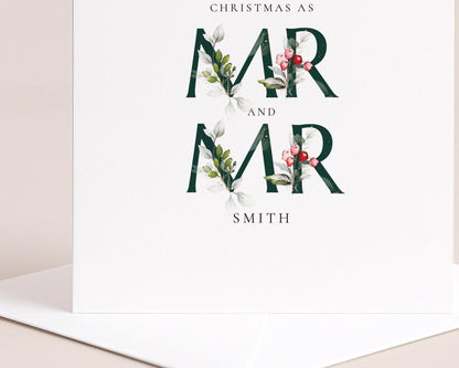 Mr And Mr Christmas Card – First Christmas Card With Festive Holly Design - Whimsi Lilley
