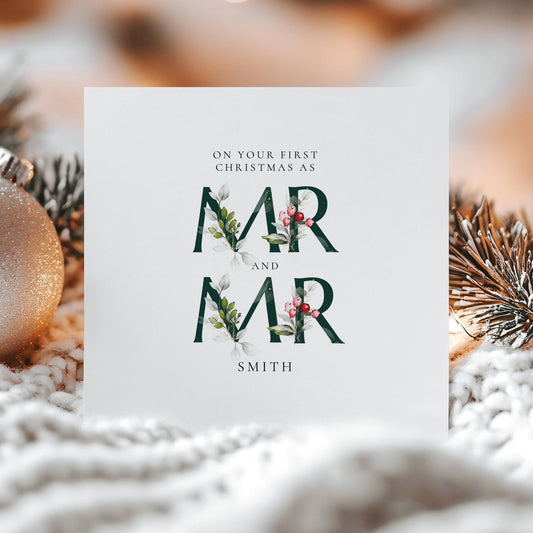 Mr And Mr Christmas Card – First Christmas Card With Festive Holly Design - Whimsi Lilley