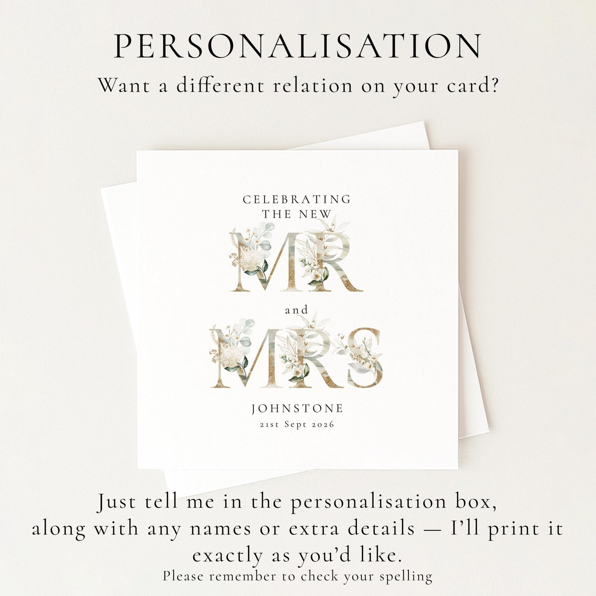 Mr and Mrs Wedding Card – Elegant Floral Design | Personalised Keepsake - Whimsi Lilley