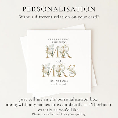 Mr and Mrs Wedding Card – Elegant Floral Design | Personalised Keepsake - Whimsi Lilley