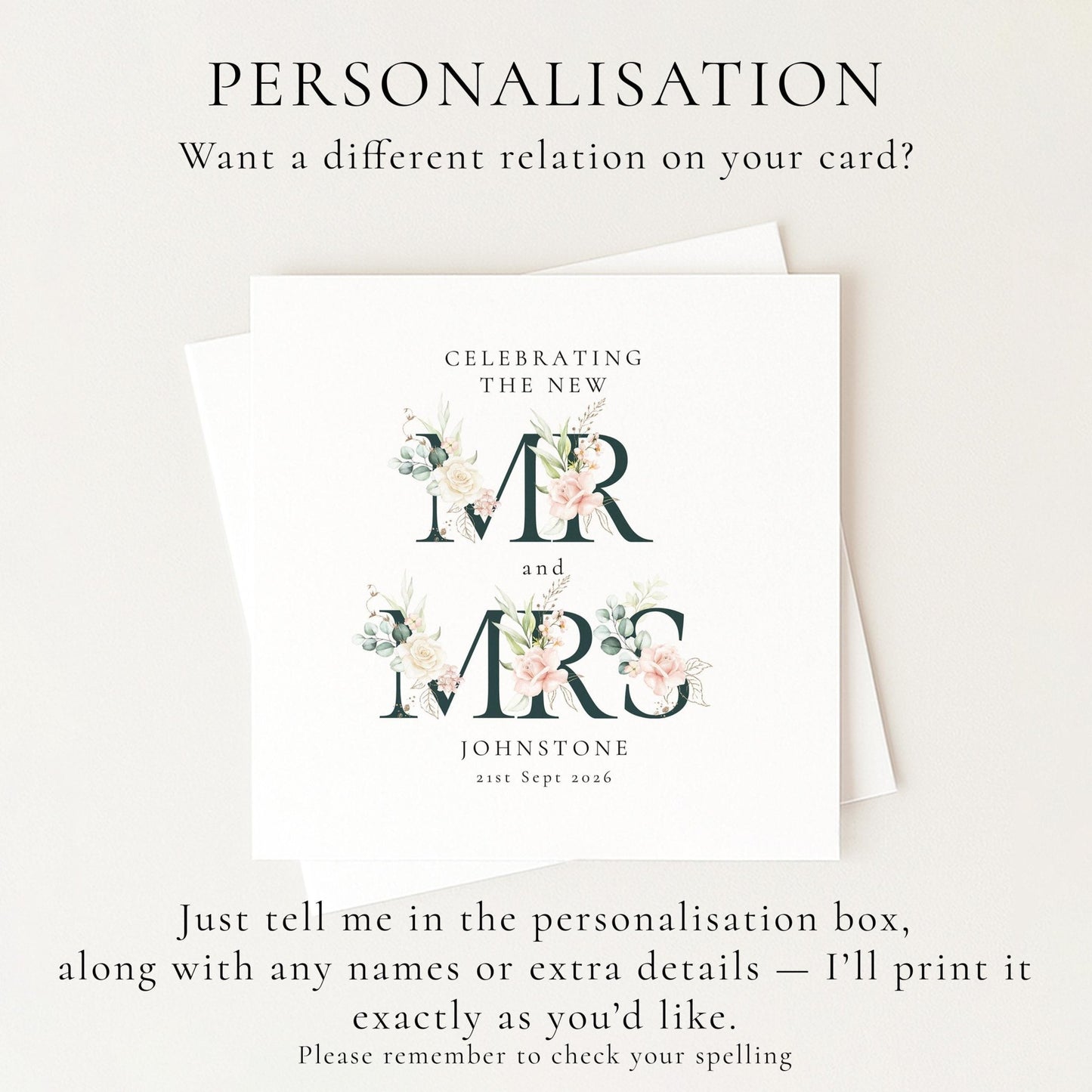 Mr and Mrs Wedding Card – Personalised Elegant Floral Keepsake With Matte Finish - Whimsi Lilley