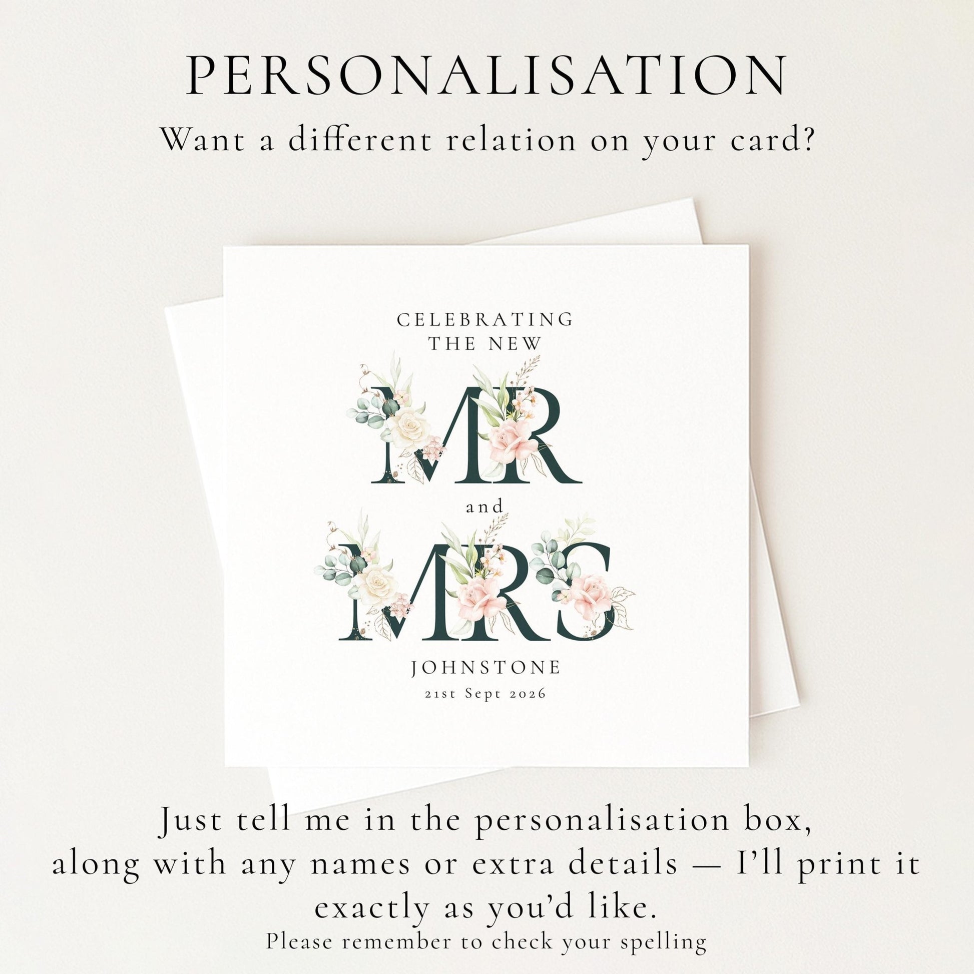 Mr and Mrs Wedding Card – Personalised Elegant Floral Keepsake With Matte Finish - Whimsi Lilley