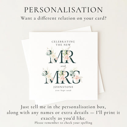 Mr and Mrs Wedding Card – Personalised Elegant Floral Keepsake With Matte Finish - Whimsi Lilley