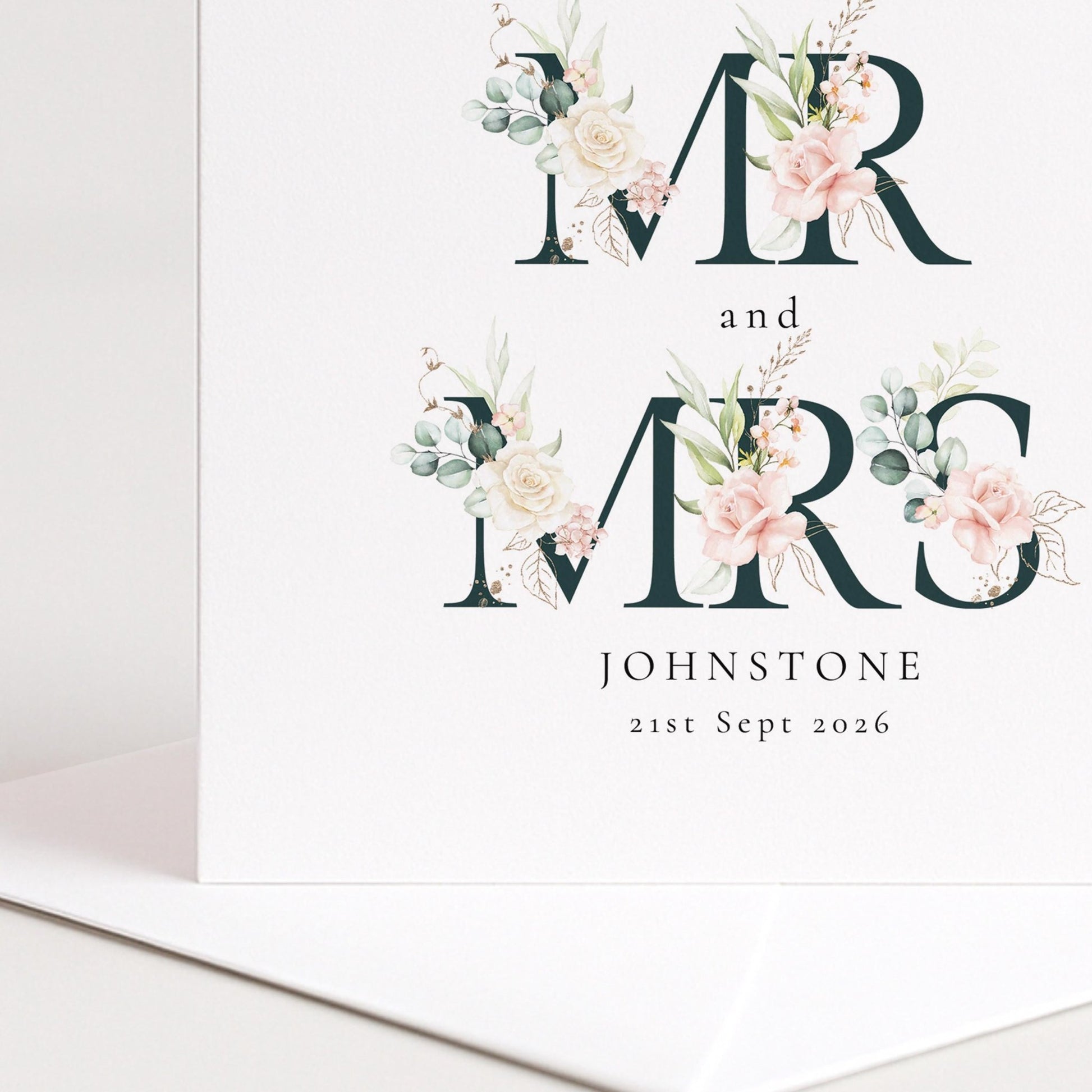 Mr and Mrs Wedding Card – Personalised Elegant Floral Keepsake With Matte Finish - Whimsi Lilley