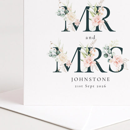Mr and Mrs Wedding Card – Personalised Elegant Floral Keepsake With Matte Finish - Whimsi Lilley