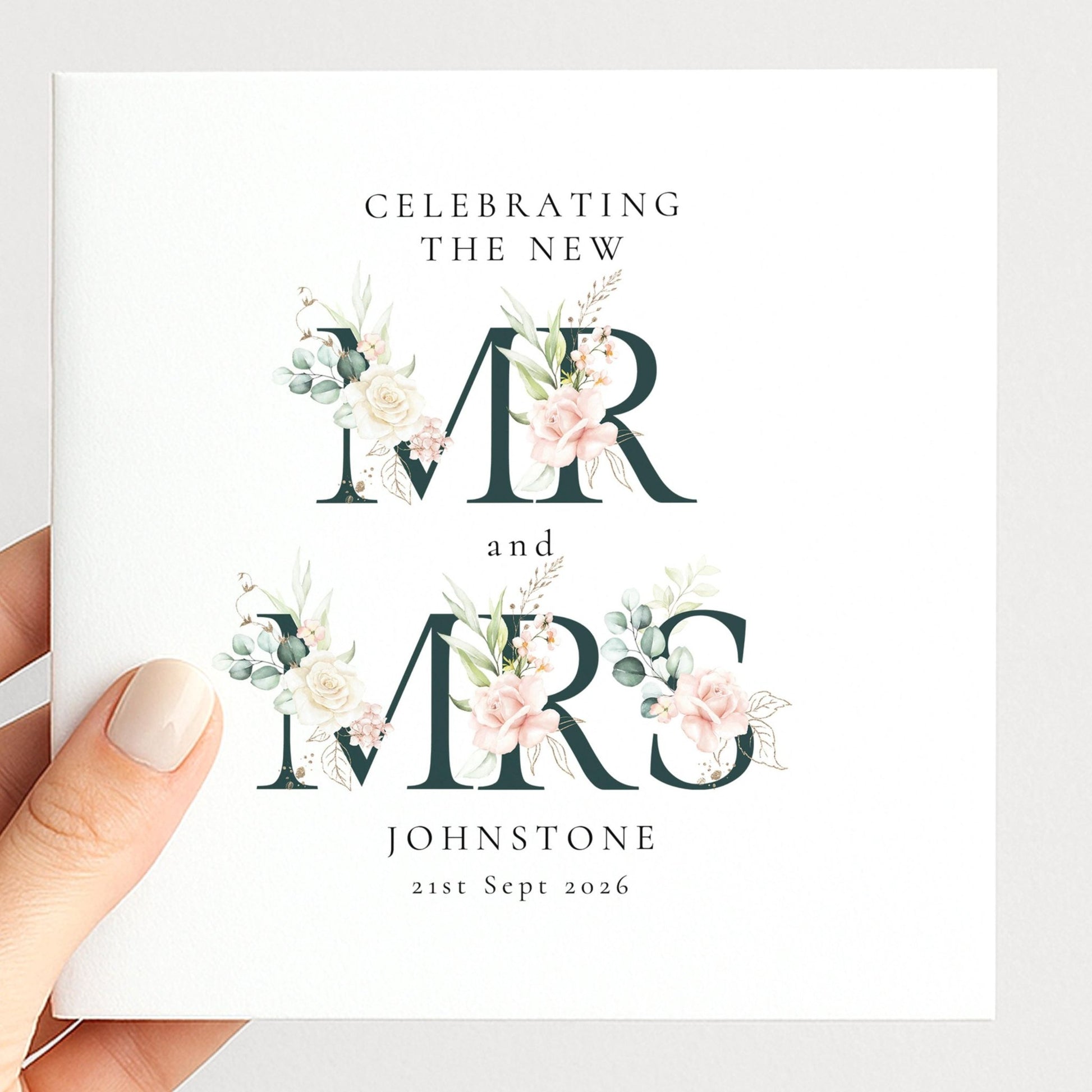 Mr and Mrs Wedding Card – Personalised Elegant Floral Keepsake With Matte Finish - Whimsi Lilley