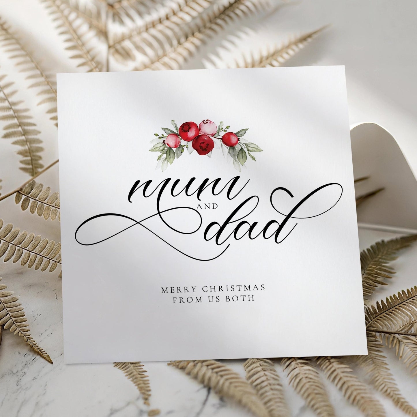 Mum and Dad Christmas Card – Personalised Festive Family Greeting With Red Berries - Whimsi Lilley