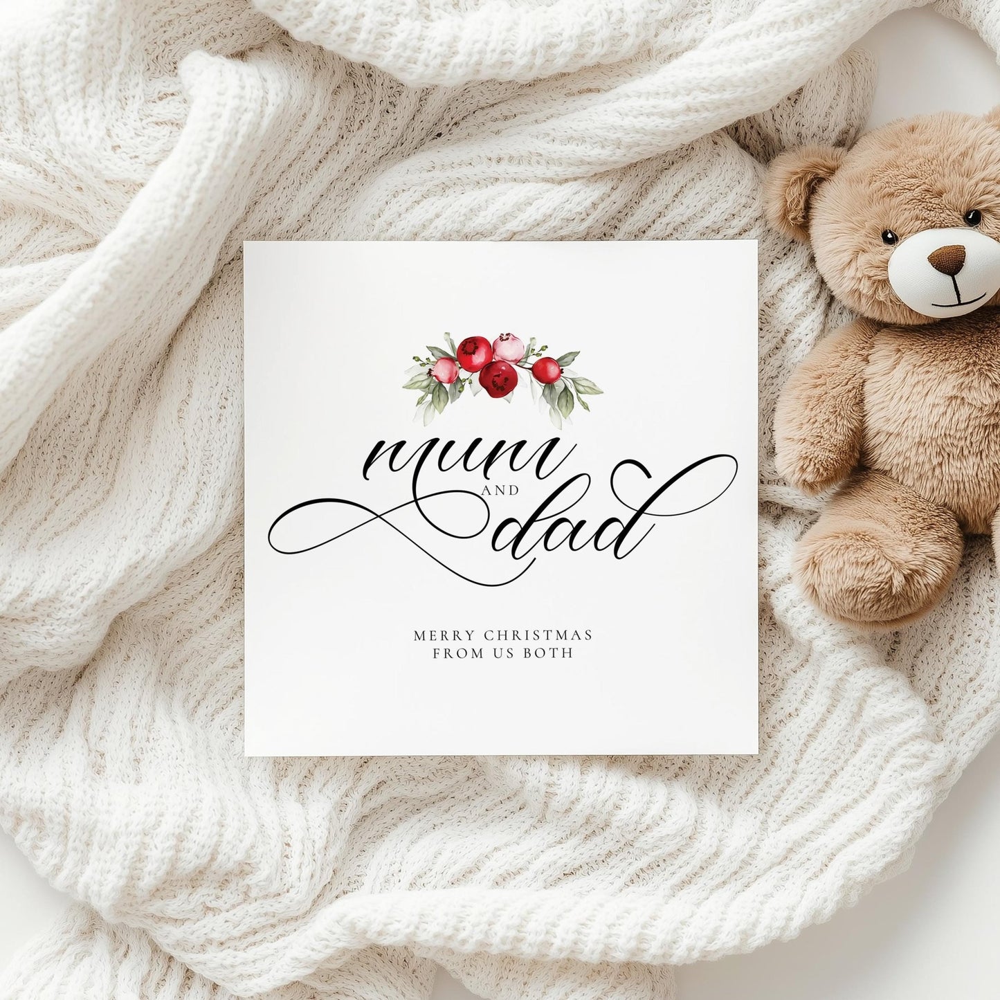 Mum and Dad Christmas Card – Personalised Festive Family Greeting With Red Berries - Whimsi Lilley