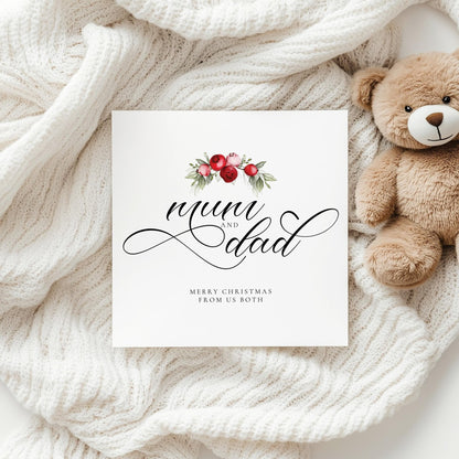 Mum and Dad Christmas Card – Personalised Festive Family Greeting With Red Berries - Whimsi Lilley