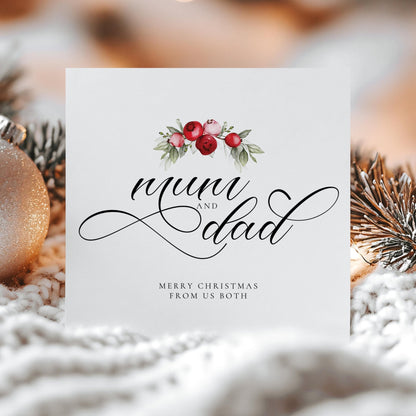 Mum and Dad Christmas Card – Personalised Festive Family Greeting With Red Berries - Whimsi Lilley