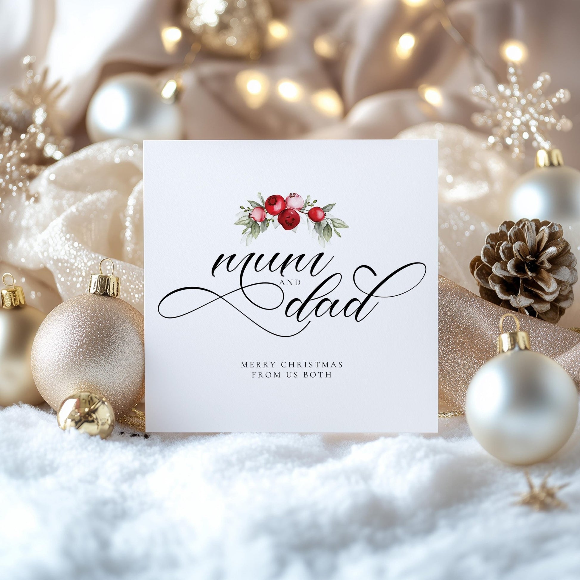 Mum and Dad Christmas Card – Personalised Festive Family Greeting With Red Berries - Whimsi Lilley