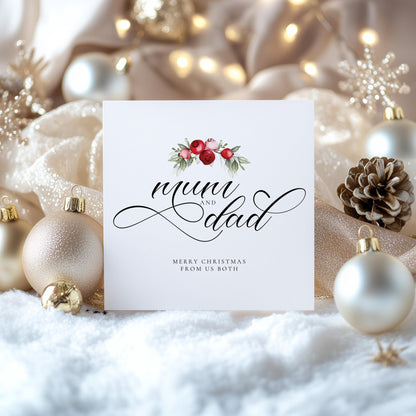 Mum and Dad Christmas Card – Personalised Festive Family Greeting With Red Berries - Whimsi Lilley